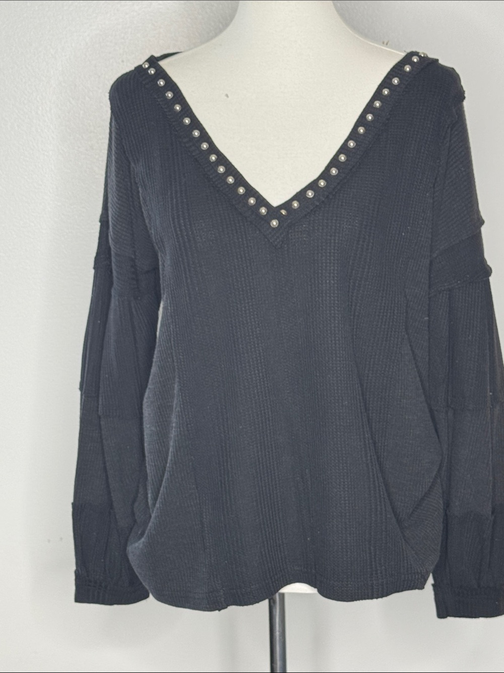 POL Black V-Neck Sweater with Stud Trim